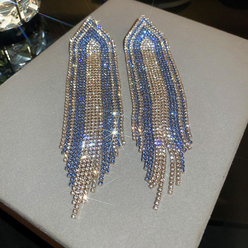 Fashion Blue Silver Color Shiny Zircon Drop Earrings Long Tassel Earrings For Women Statement Jewelry Gift LXY
