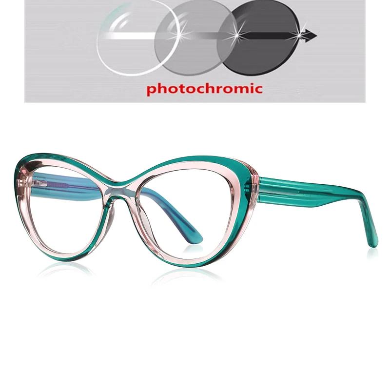 Green Pink Frame Cat Eye Myopia Glasses Woman Spring Hinge TR90 Minus Photochromic Glasses With Diopters 0 -0.5 -0.75 To -6.0