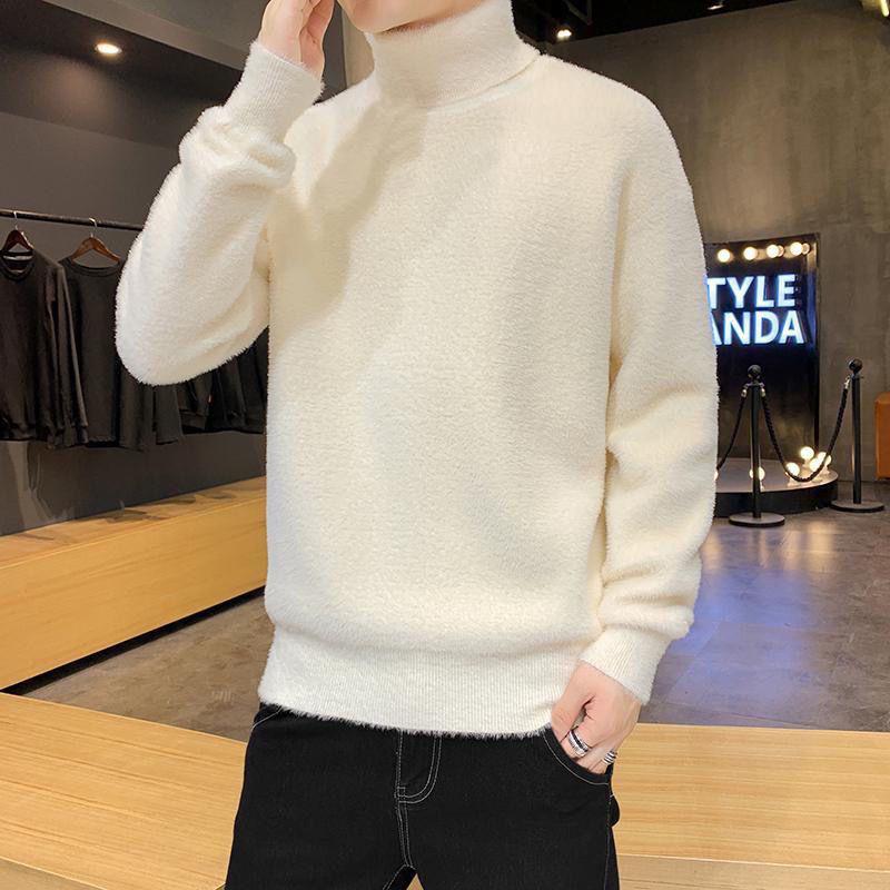 Men's Faux Mink Fur High-Neck Sweater: Trendy Loose Warm Korean Style Knitwear for Autumn and Winter