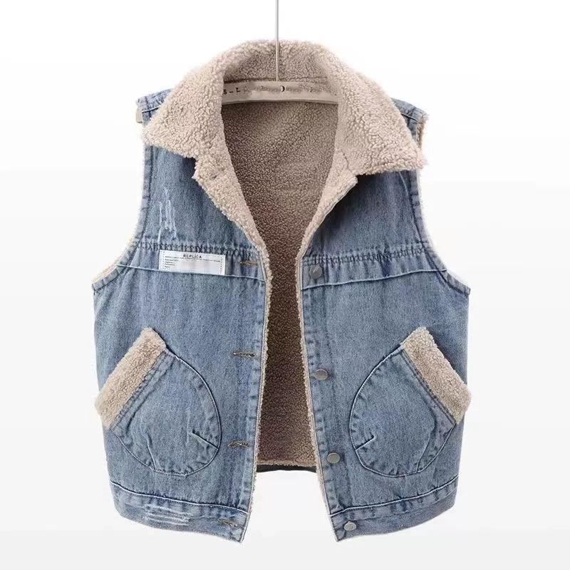 

Women s Plush Vest with Sleeveless Lamb Wool and Thickened Fabric Denim Vest S