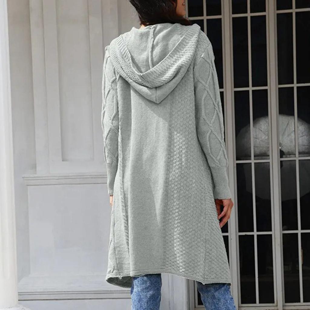 Women's Loose Knitted Mid-length Hooded Cardigan Cable Coat