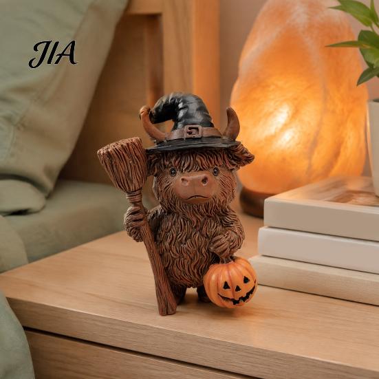 Unique Halloween Gift for Friends Highland Cow Figurine, Wizard Broom & Bat Wing Pumpkin Ornaments Ornament, Weatherproof Desktop Decor Home