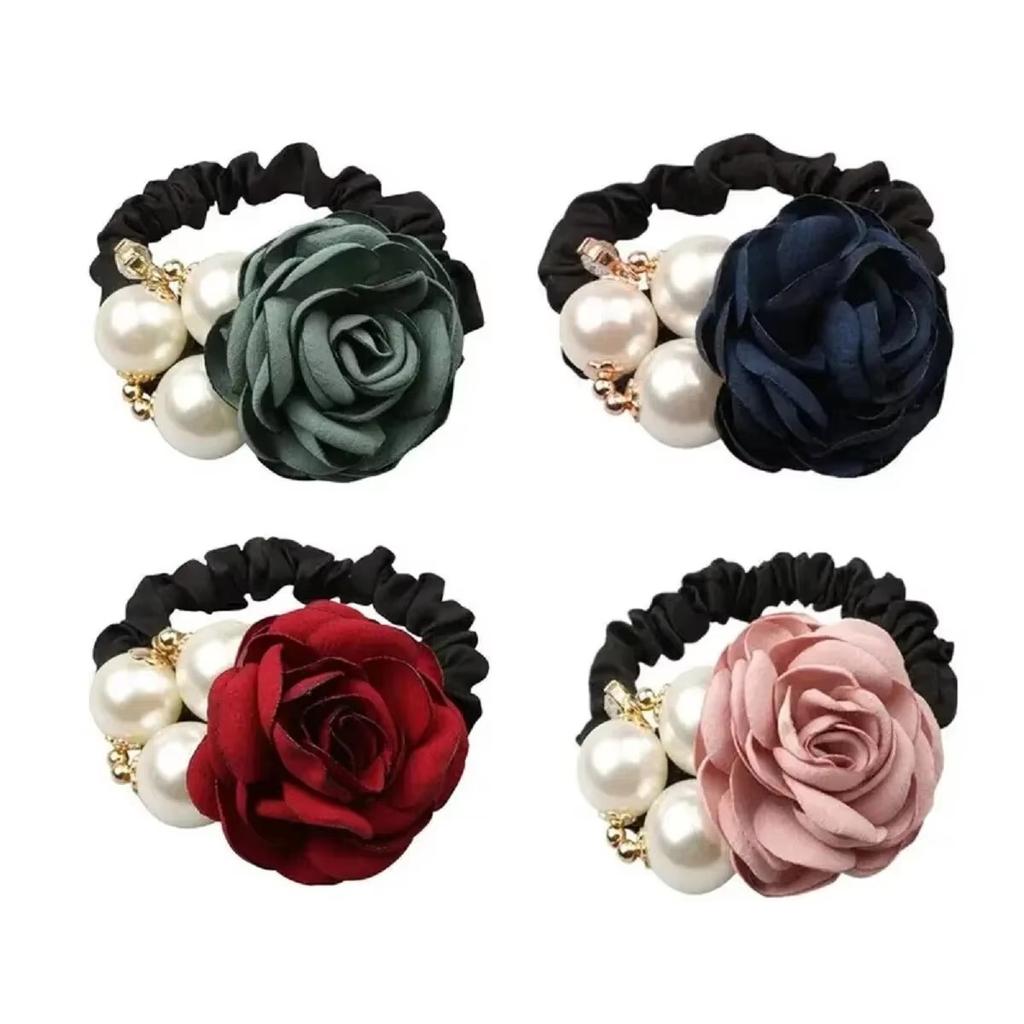 A Rose, Pearl, Large Intestine Ring with a Retro Charm, Camellia, Rubber Band, Hair Tie, Hair Accessory for a Woman