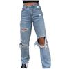 Women Button High Waist Pocket Elastic Hole Jeans Trousers Loose Denim Pants