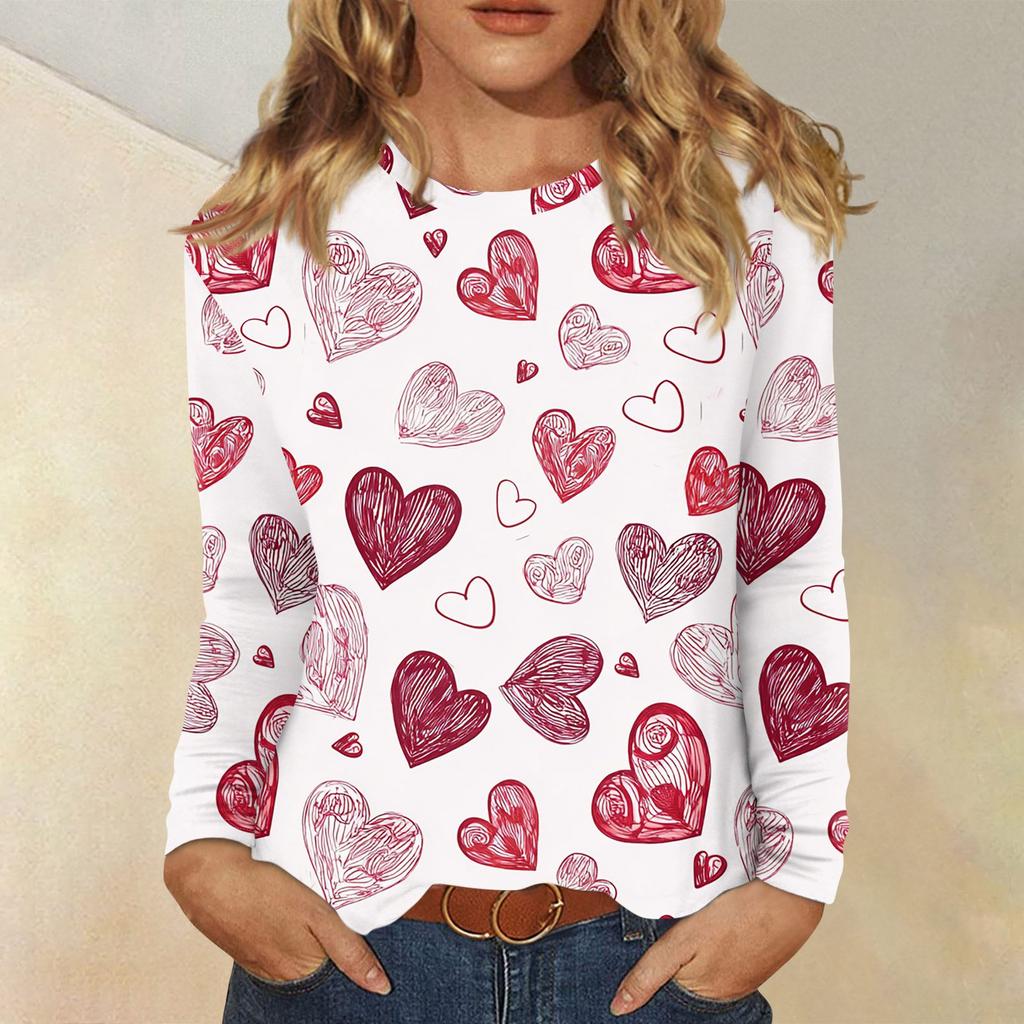Damen Valentinstag Modisches Herzmuster Rundhals Langarm Pullover Top
