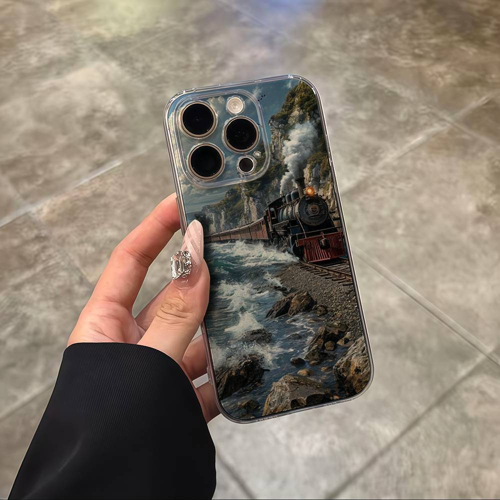 Train Railway Travel Transparent Back Phone Case For iPhone 17 16 15 13 12 11 14 Pro Max Mini Plus Silicone Bumper