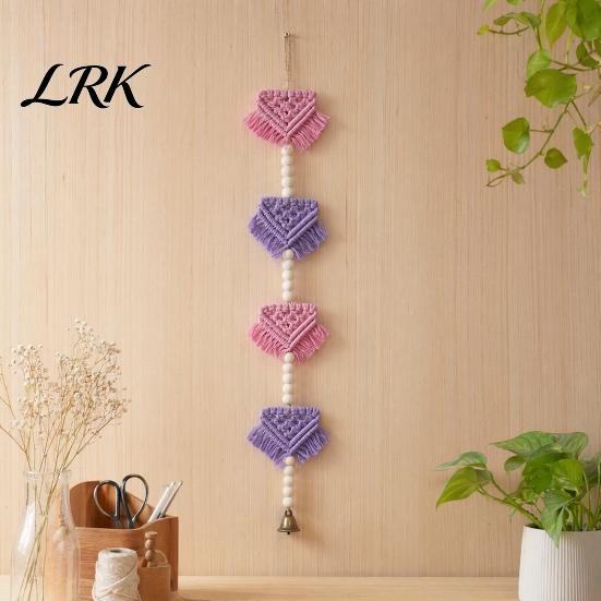 Bohemian Wall Art Braided Triangles Tapestry with Bell, Hanging Geometric Tapestry, Knotted Rope Soft Color Wooden Beads for Home Nursery Bedroom