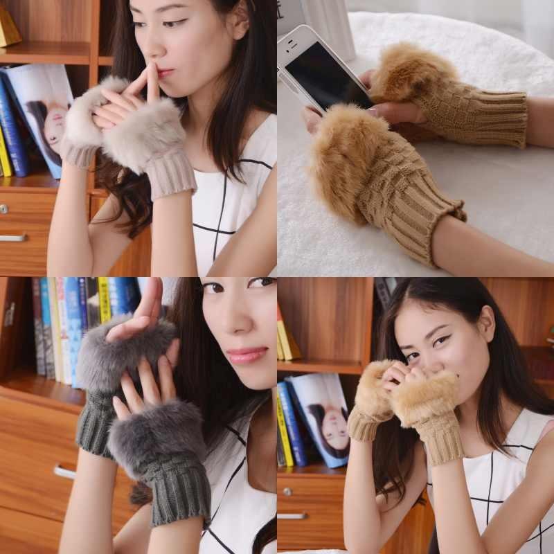Solid Color Plush Knitted Half Finger Gloves Thickened Warmth Gifts Fashion