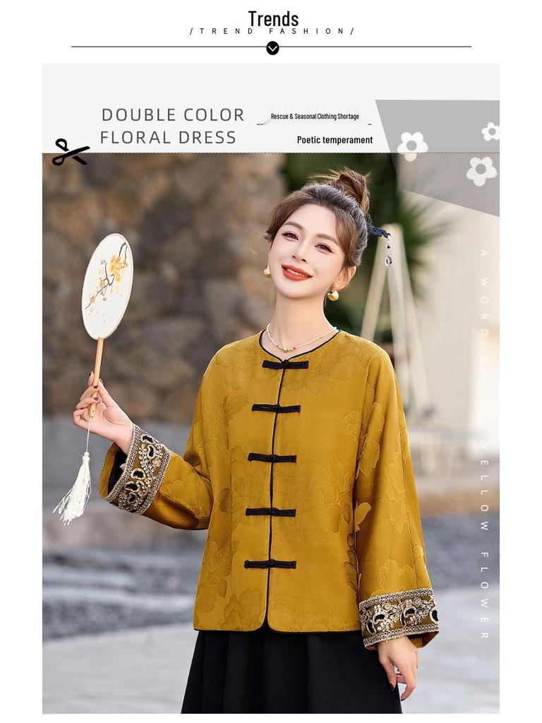 2025 Early Spring Chinese Jacquard Round Neck Frog Button Coat AH66606