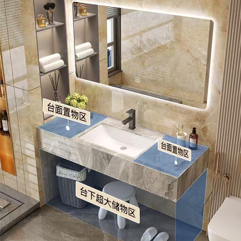 Modern Minimalist Sintered Stone Washbasin Set with Seamless Ceramic Sink, Bathroom Cabinet, and Mirror Storage Cabinet