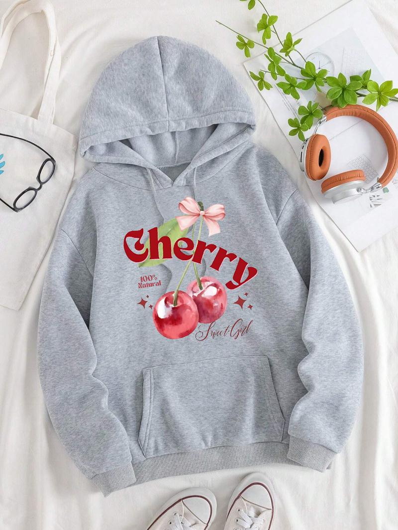

100% Natural Cherry Fruit Printing Women Hoody Pocket Y2K Hoodies Hip Hop Loose Pullover Casual Fleece Comfortable Clothes S