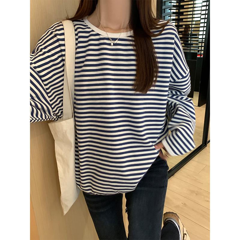 Korean Chic Striped Contrasting Round Neck Long-sleeved Sweatshirt for Women In Autumn and Winter, Lazy Style, Loose Casual Inner Wear, Beautiful Top