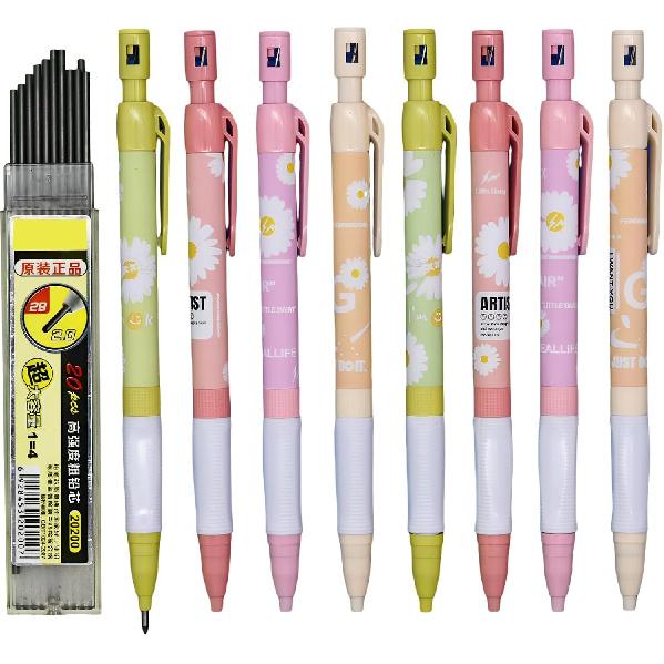 12 Pcs 2.0 mm Mechanical Pencils Thick 2B Pencils Daisy Pencils With 20 pcs Refills And Sharpeners for Art Drawing Writing Sketching Construction
