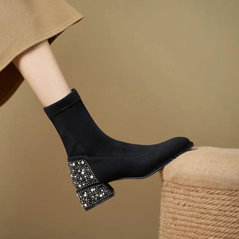 Fashion Soft Pearl Booties Lightweight Chunky Heel Woman Short Shoes Solid Color Large Size Warm On Offer New Rock Ankle Boots for Women