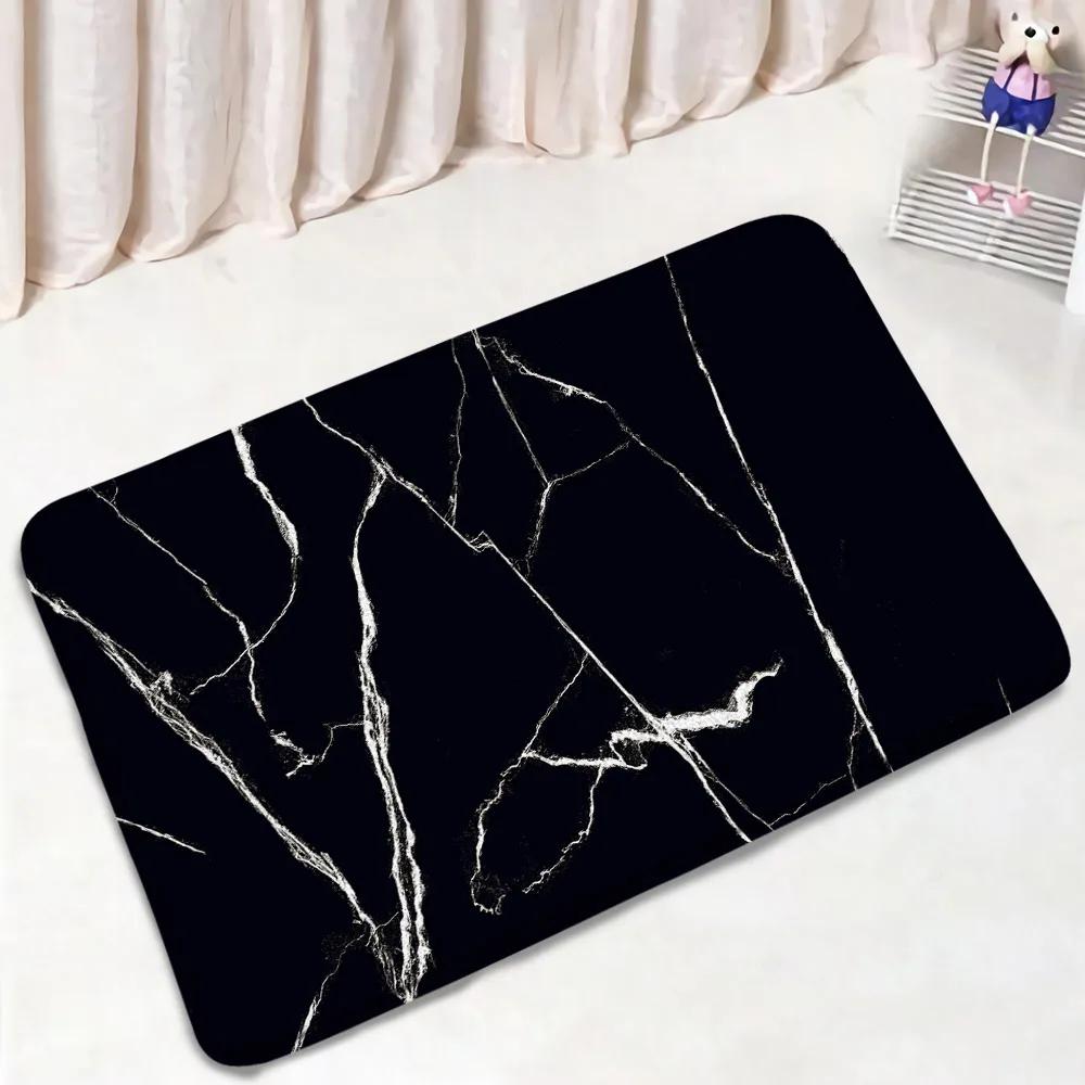 Black Marble Shower Curtain Set White Lines Cracked Pattern Modern Geometric Bathroom Decor Non-Slip Rug Bath Mats Toilet Cover