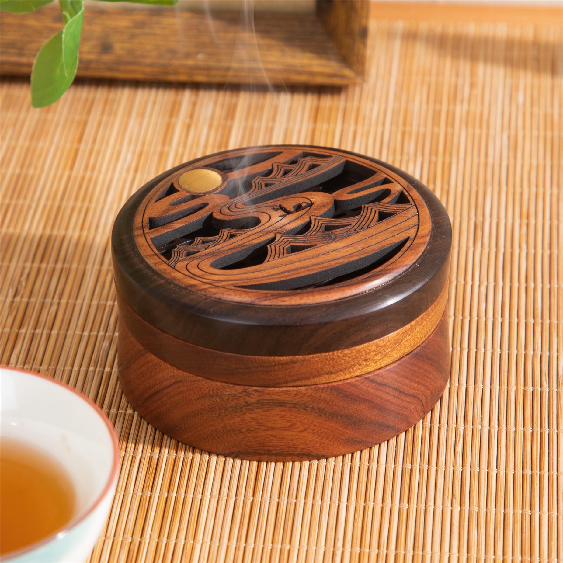 Wen Yue Double-Layer Solid Wood Sandalwood Incense Burner - Portable Chinese Style Indoor Incense Tool.