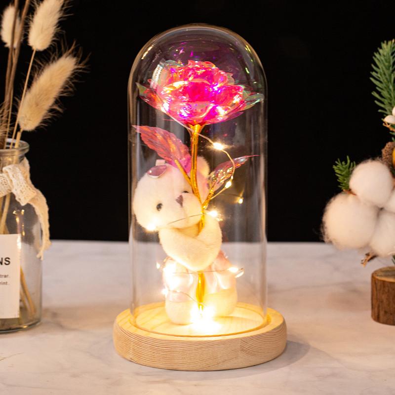 Eternal rose bear glass cover, luminous LED light gold foil flower ornament simulation flower Valentine's Day creative gift