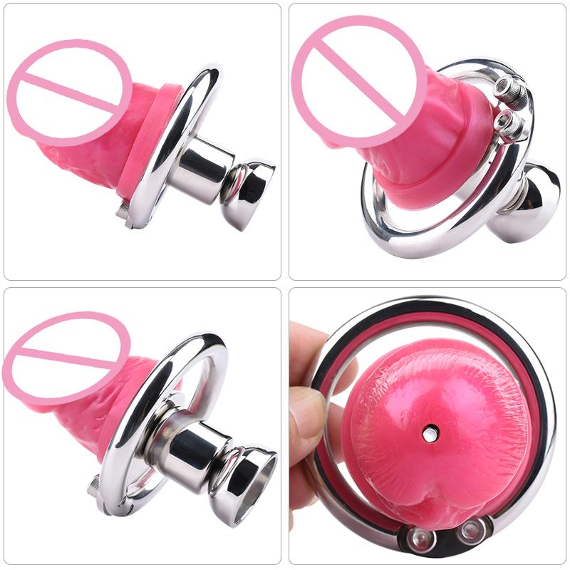 Negative Chastity Lock with Pink Dildo for Men New Creative Combination Cock Cage Stainless Steel Penis Rings BDSM Sex Toys