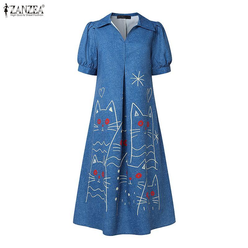 ZANZEA Women Casual V-Neck Summer Short Loose Print Dress