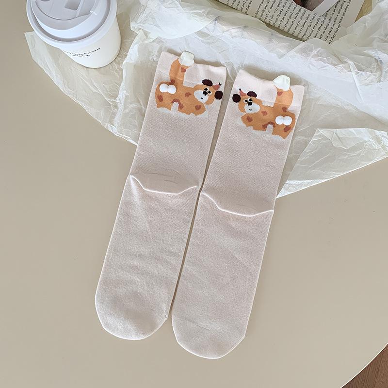 Women's Mid-Calf White Cotton Socks - Autumn/Winter 2025 Style, Odor-Resistant, Sporty, with Cute Egg Dog Design