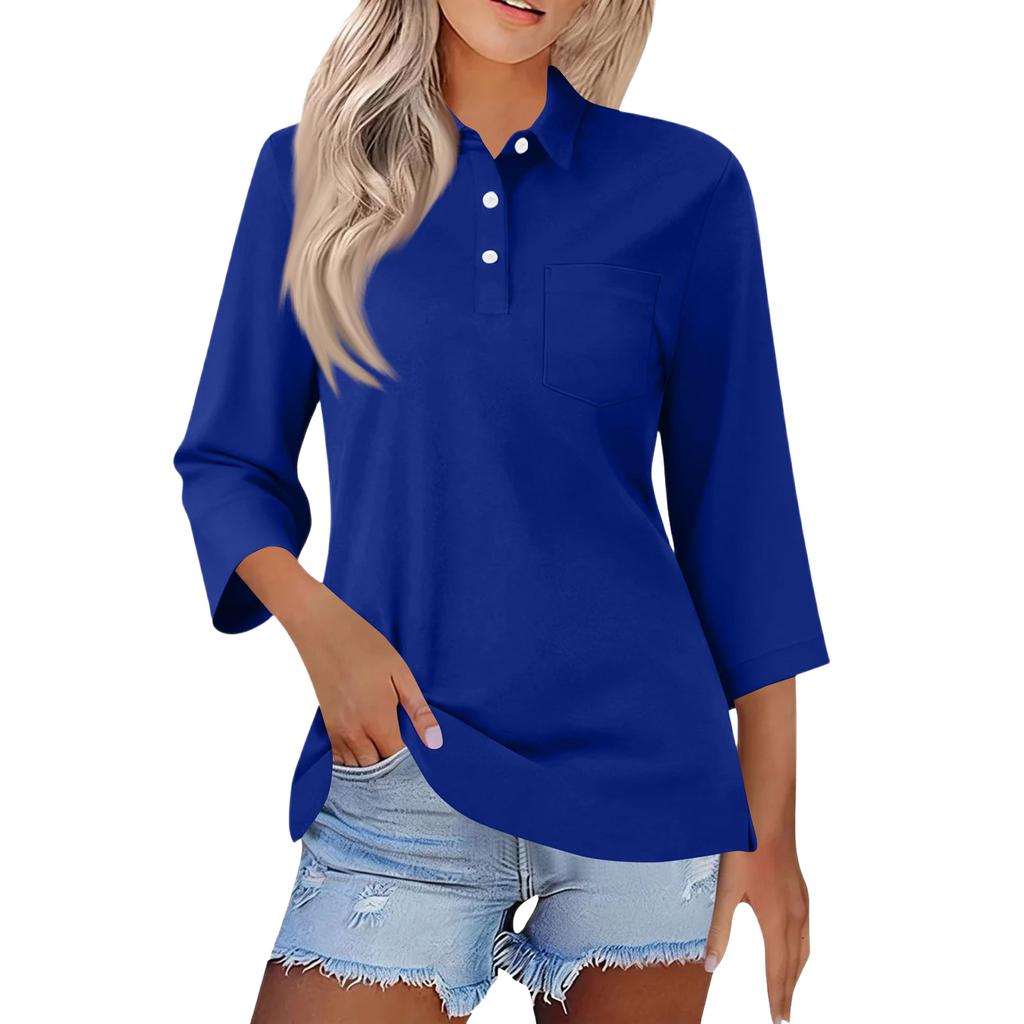 Women's Fashion Casual Lapel Short 3/4 Sleeve Color Shirt Women's Button Up Tops