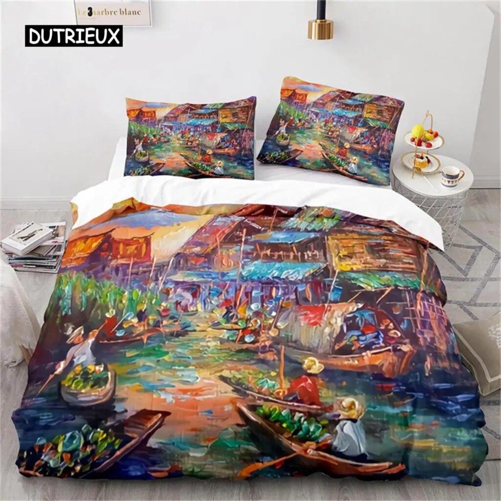 Oil Painting Duvet Cover  Art  Microfiber Landscape Romantic Comforter Cover Bedding for Kids Teen Adults Bedrooms  Decorated Three Piece Set