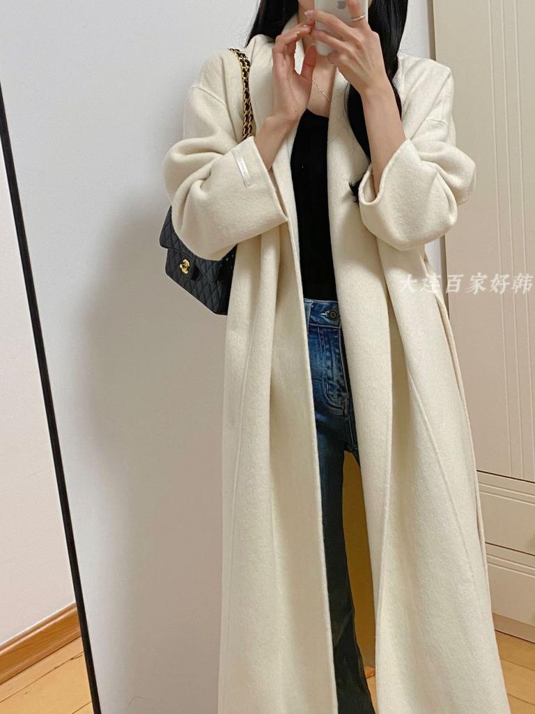 Temperament bathrobe long double-sided wool coat autumn and winter simple red, white and black belt women's loose