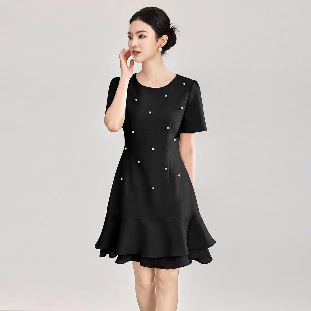 Elegant French Beaded Ruffle Hem Patchwork Gauze Dress for Women - Summer New Arrival