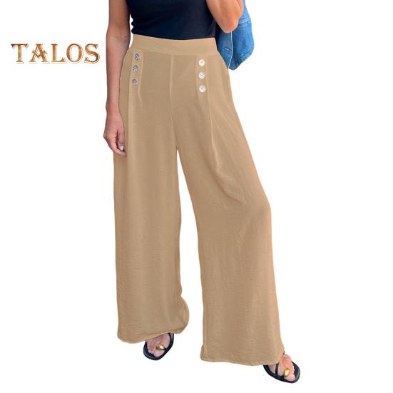 Women's Wide-Leg Pants High Waist Button Decorated Pants Casual Loose Fit Trousers for Daily Wear Travel Office