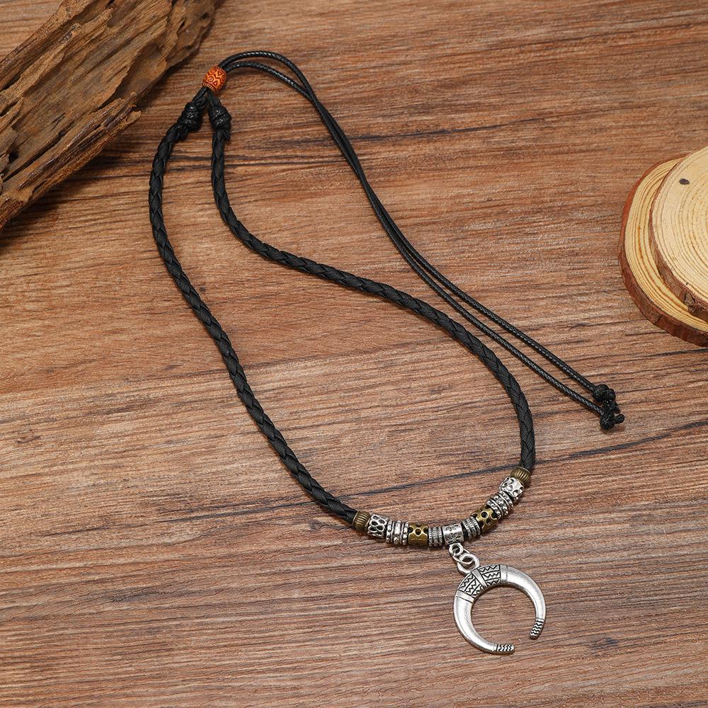 Unisex Retro Bohemian Crescent Moon Leather Choker Necklace with a Spicy Edge