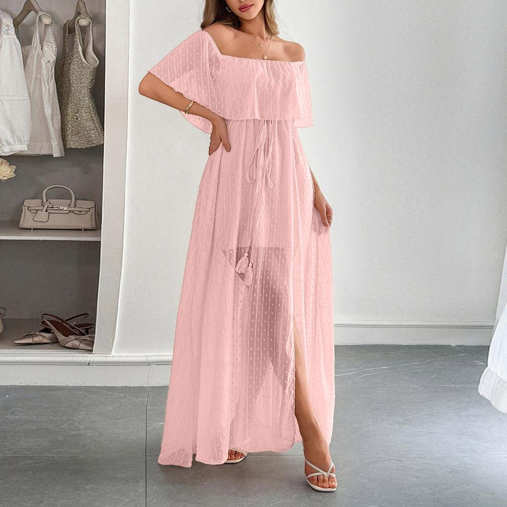 Women Off Shoulder Bohemian Style Short Sleeve Maxi Dress Lightweight Sheer Overlay Summer Beachwear Casual Long Dress