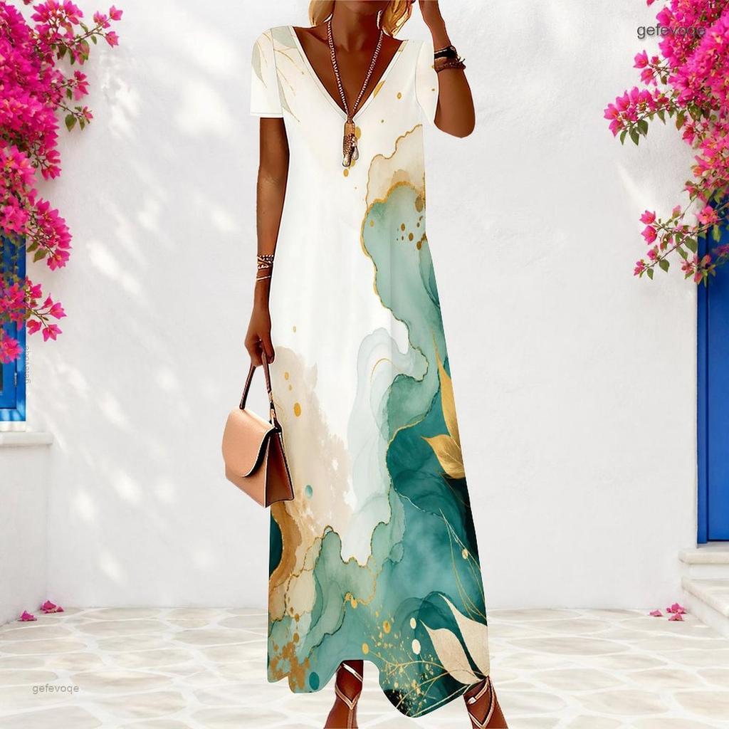Women Plus Size V Neck Short Sleeve Blue Gold Printed Long Maxi Dress