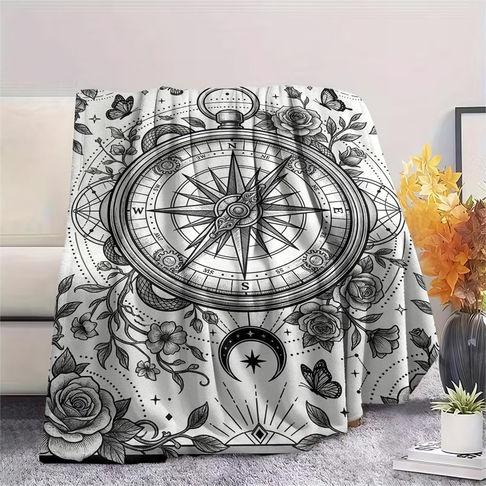 1Pc Compass Print Flannel Blanket, High Quality Comfortable for All Seasons, Home Decor, Warmth and Comfort, Perfect for Christmas Gifts W167
