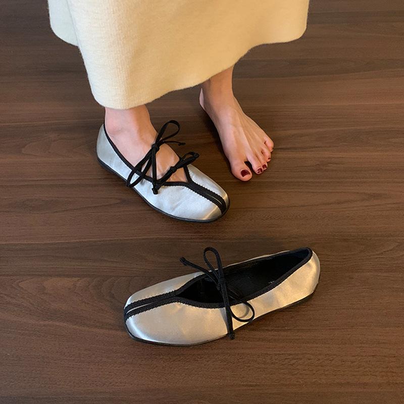 

Sheepskin version~ New ballet style French ballet shoes round head shallow mouth flat bottom bow Mary Jane shoes single shoes women 40 серый