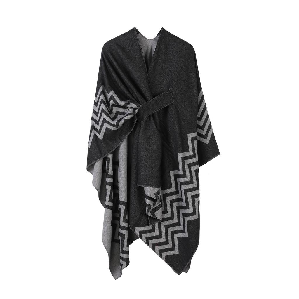 Women's European & American Double-Sided Solid Color Cape Shawl with Striped Edge