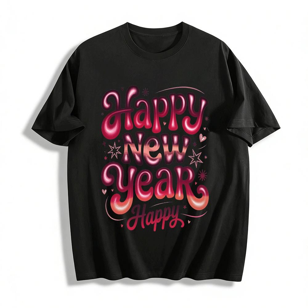 Glossy Gradient Letter Print Happy New Year Casual Loose Top Pure cotton T-shirt XXS