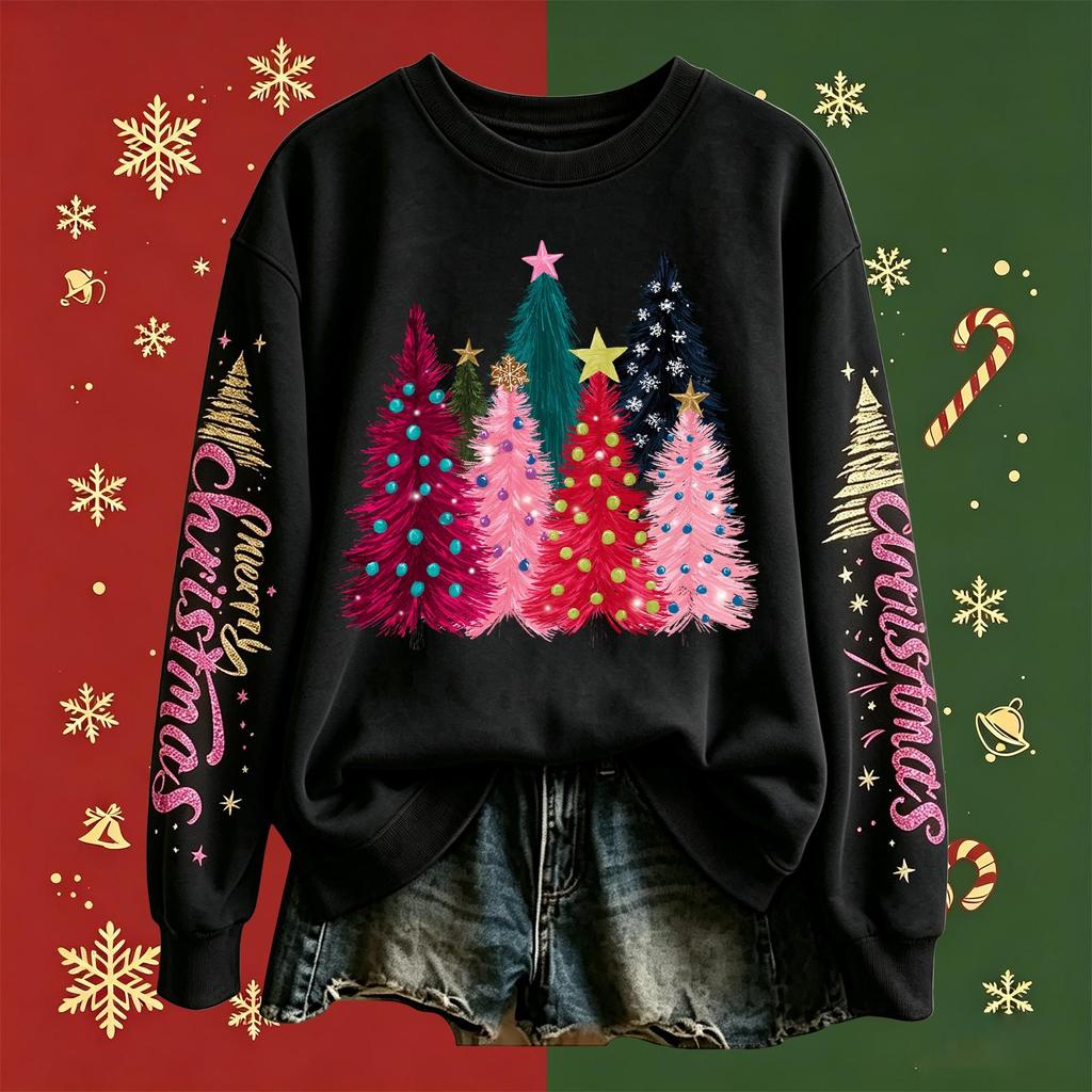 Women's Fashion Long Sleeve Crewneck Pullover Sweatshirt with Christmas Print Top