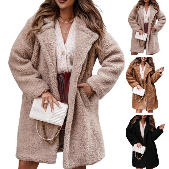 Damen Fleece Mantel Lässig Revers Flauschiger Sherpa Mantel Offen Vorne Langarm Kunstpelz Strickjacke Warme Winter Oberbekleidung