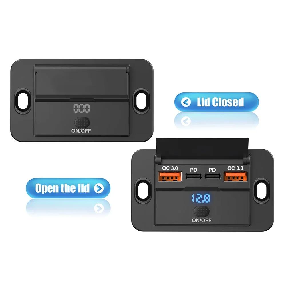 4-Port Fast Charger 12V 24V USB QC3.0 PD Panel Mount Vehicle Display 90W