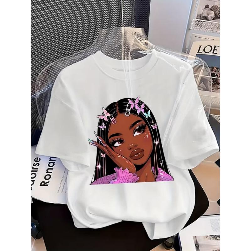 Girls' Summer Crew-Neck Short-Sleeved Top New Black Girls Cute Top Girls Clothes Cartoon Print T-Shirt Top Children's Clothing