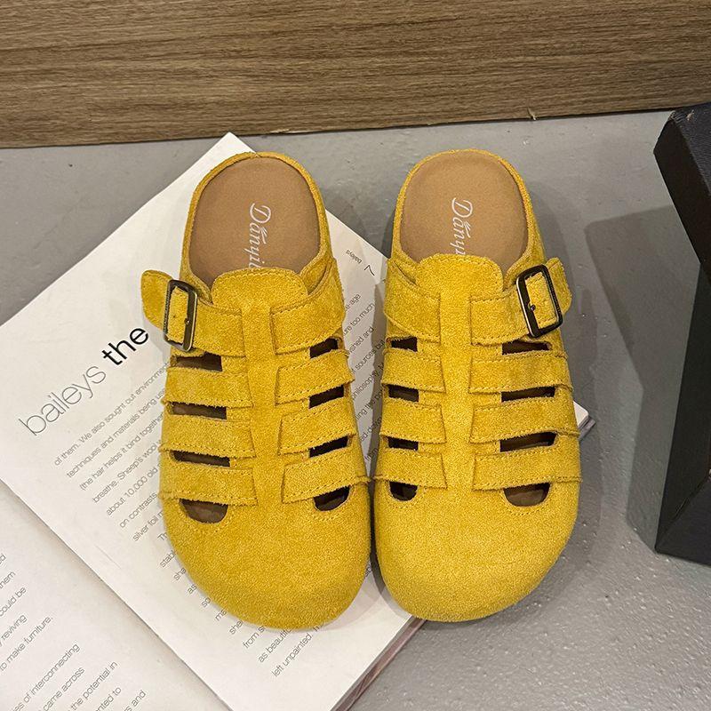 Woven bag head half slippers women's summer wear new one-pedal soft-soled yellow fish bone shoes sandals