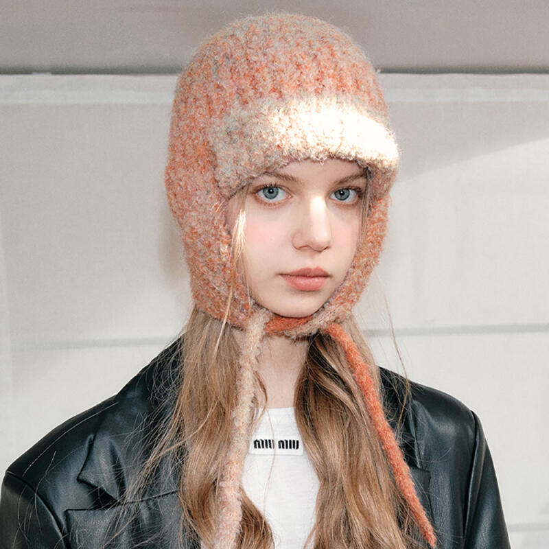 Pastel bouclé knit bonnet hat peach PEACH