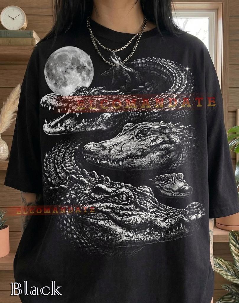 Crocodile Alligator Reptile Full Moon Comfort Colors® Tshirt, Swamp Predator Wildlife Nature Animal Lover Vintage Art Faded Tee