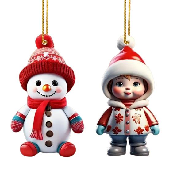 2 Pcs Christmas Ornaments Cartoon Snowman Santa Claus Acrylic Pendant Xmas Tree Hanging Decoration for Holiday Party Decor Car Accessories