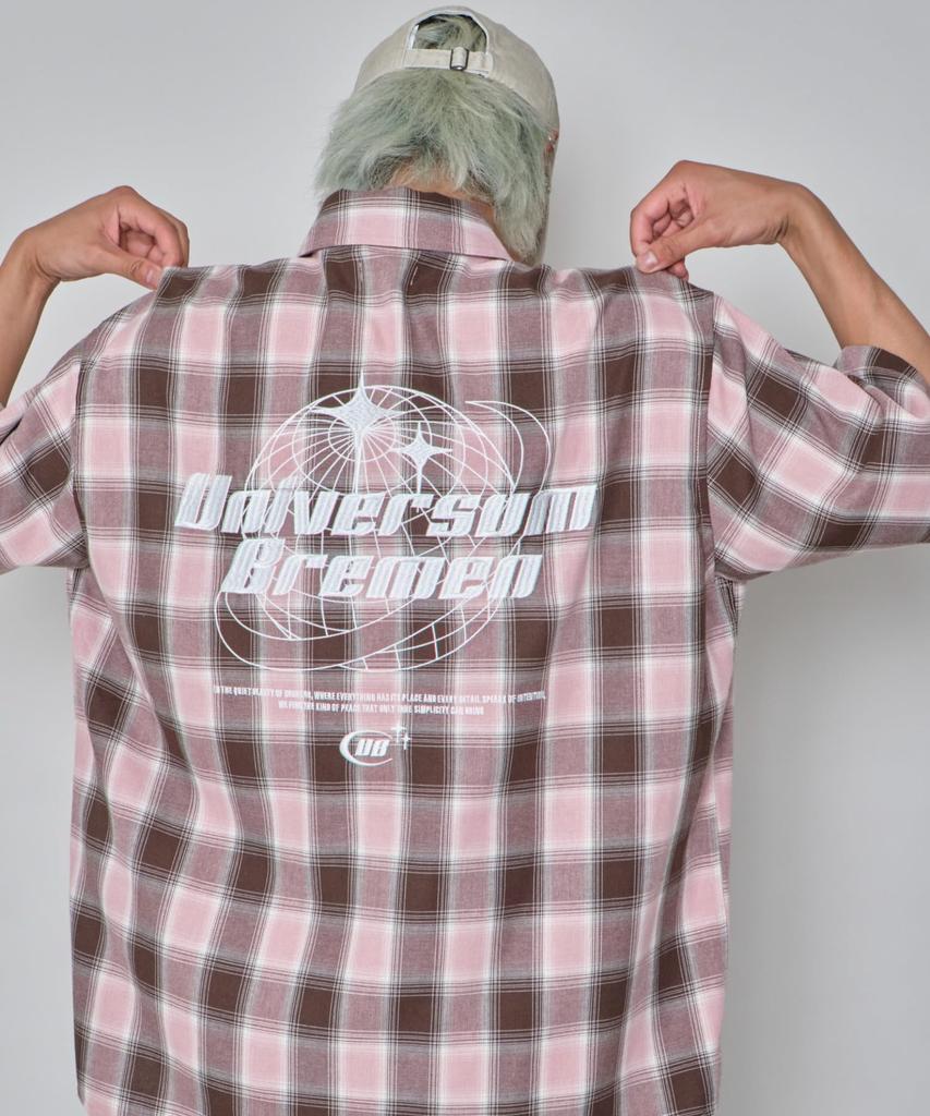 WEGO Short Sleeve Graphic Short Sleeve Summer Size Pink Shirt, Ombré Check, Top, Clothing, Streetwear, Men's, L,