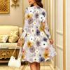 Women Long Sleeve Round Neck Midi Dress Abstract Ink Wash Floral Wave Print Flared Casual Dress