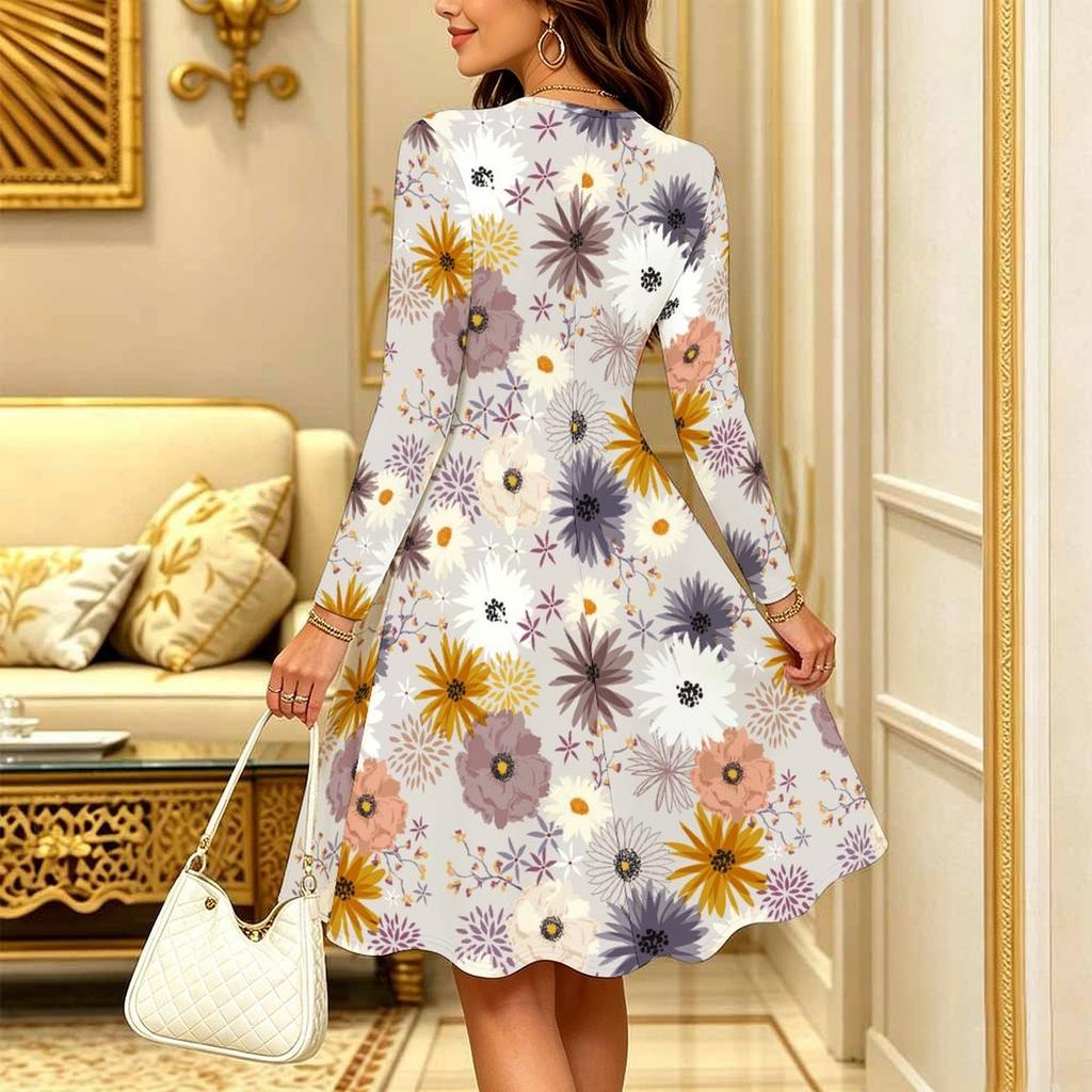 Women Long Sleeve Round Neck Midi Dress Abstract Ink Wash Floral Wave Print Flared Casual Dress