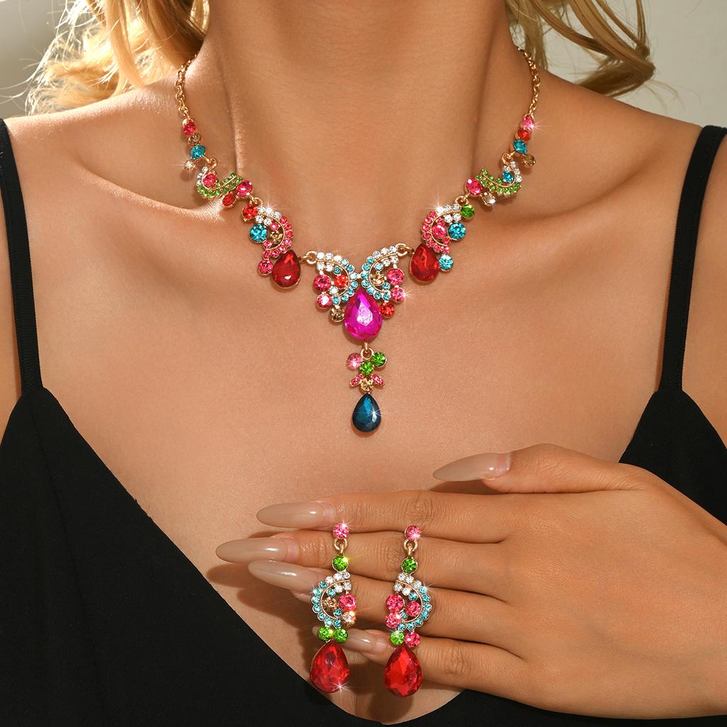 Cross border retro style creative fashion luxury diamond inlaid flower leaf multi-color necklace earring set for women