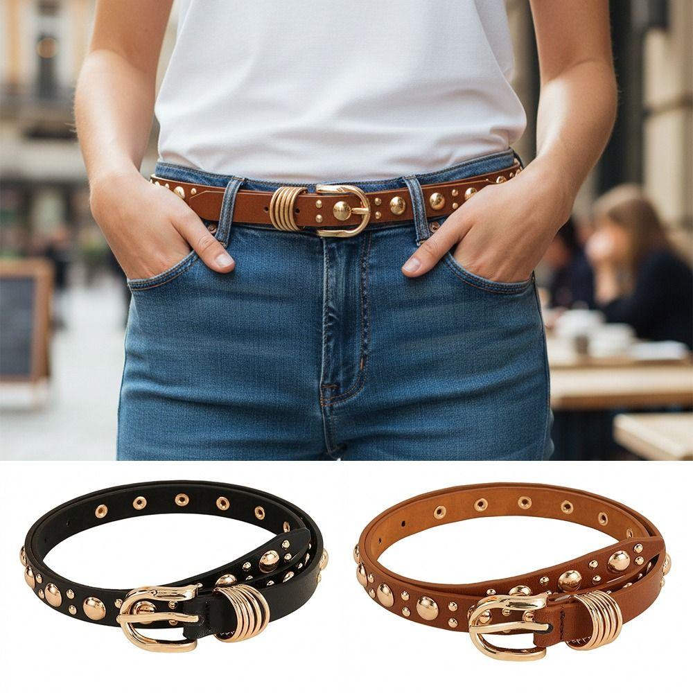 Metal Buckle Rivet Heavy Metal Belt Pu Leather Dress Waistband  Women's