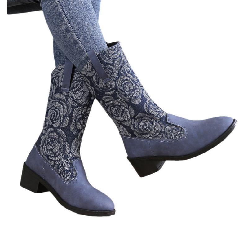 Large size new women's thick heel medium tube fashion boots embroidered sleeve knight boots retro pointed Martin boots women